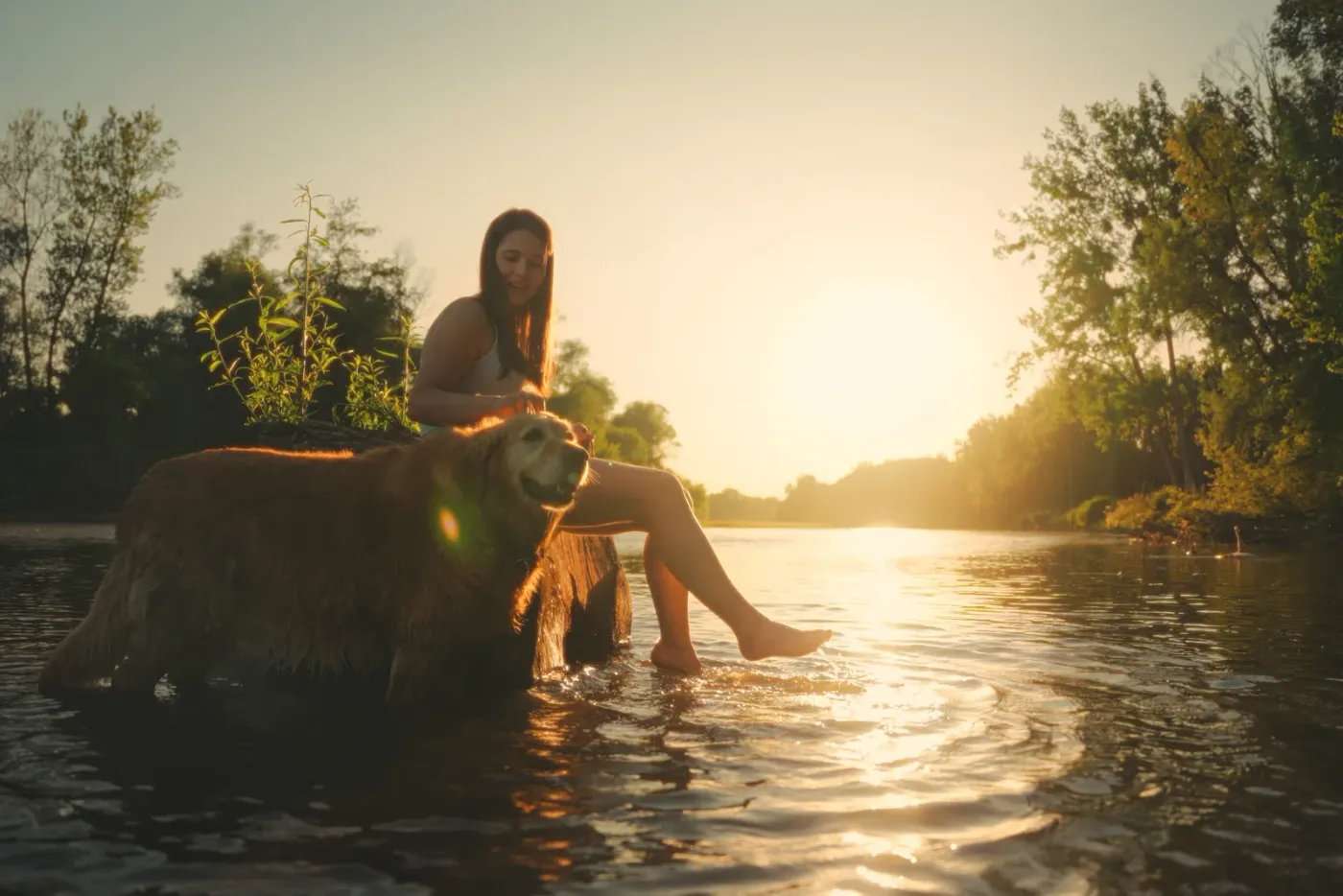 Owner and calm dog sitting together at the water's edge at golden hour