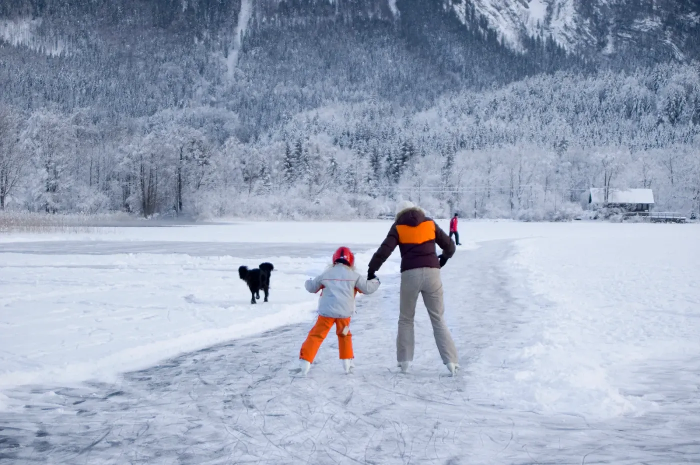 Family and their dog on a frozen lake surrounded by snowy trees